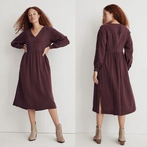Madewell Lightspun Button-Front Midi Dress Dark Fig Size 8 Gauzy